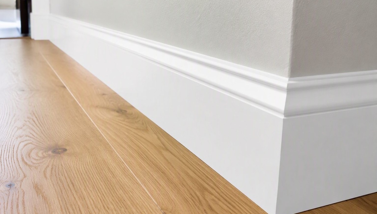 Freshly installed white baseboard with a tight mitred corner against new plank flooring