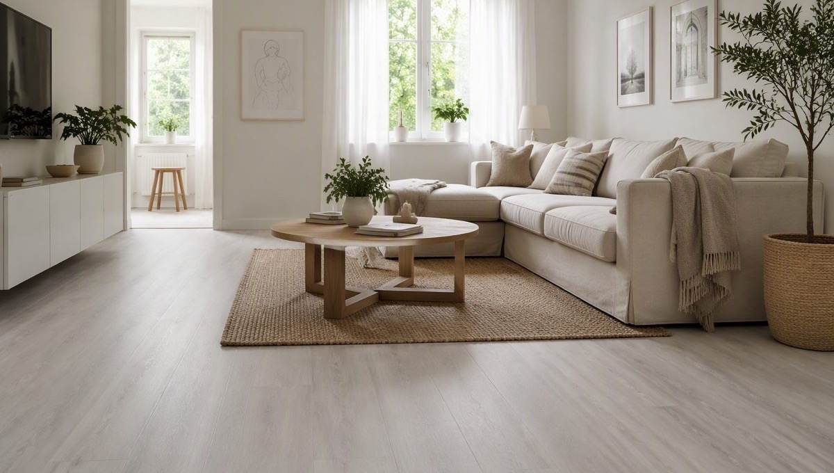 Oak-look laminate flooring being laid plank by plank across a bright room