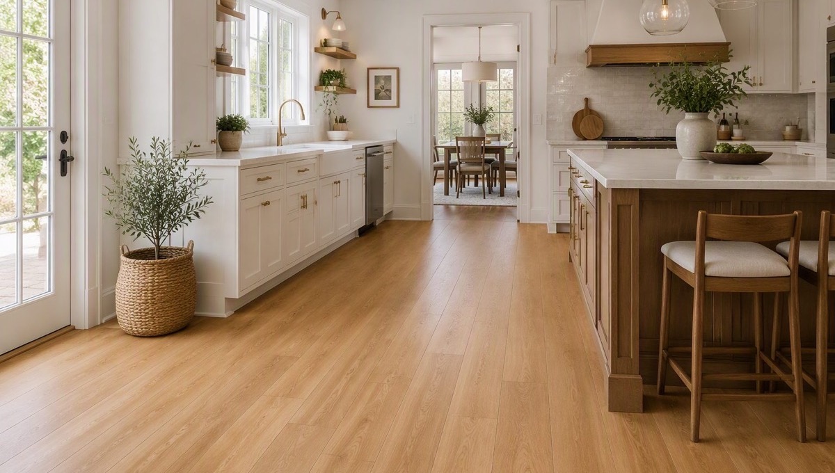 Wide-plank luxury vinyl flooring installed through an open-plan living area