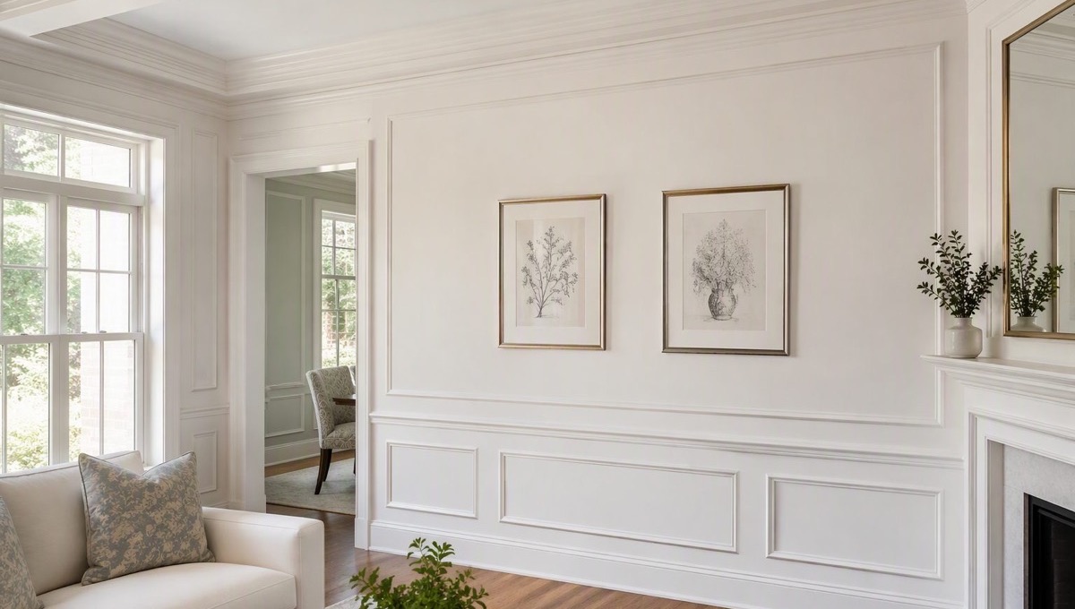 Crown molding meeting at a tightly coped inside corner in a finished room